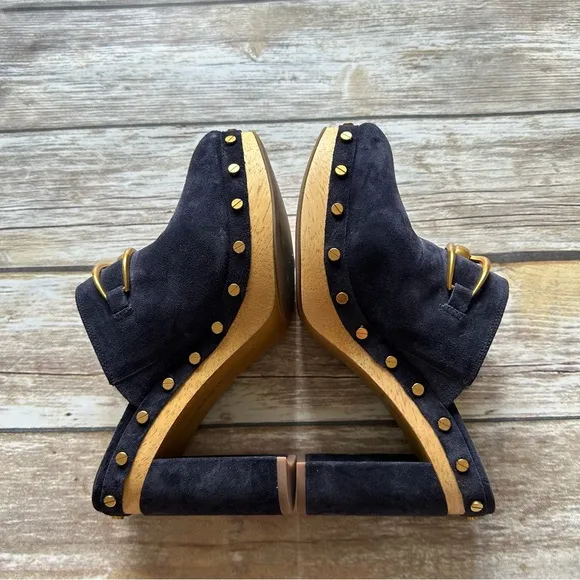 Veronica Beard Clog Leather Platform Shoes Brass Suede Navy Blue 7.5