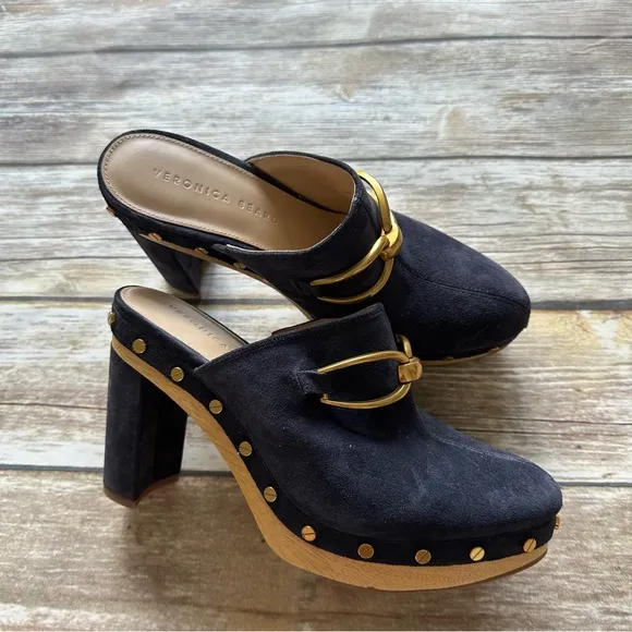 Veronica Beard Clog Leather Platform Shoes Brass Suede Navy Blue 7.5