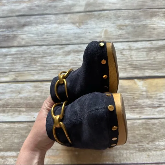Veronica Beard Clog Leather Platform Shoes Brass Suede Navy Blue 7.5