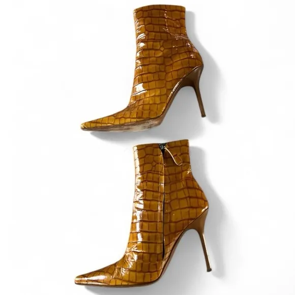 Vicini Brown Tan Crocodile Textured Ankle Patent Leather Heeled Boots Size 9