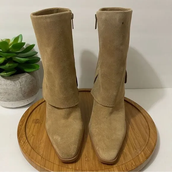 Vince Camuto Allison Suede Mid-Calf Boot Women's Leather Fold Down Tan Size 10