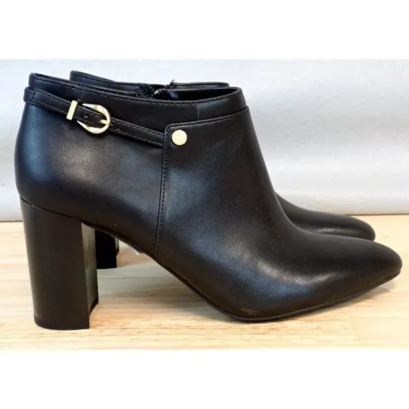 Vince Camuto COORIN Ankle Booties Chunky 3.5&quot; Heels Black Gold Womens Size 8.5 M