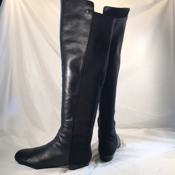 Vince Camuto Karita Black Leather Over The Knee Boots With Stretch Back Panel