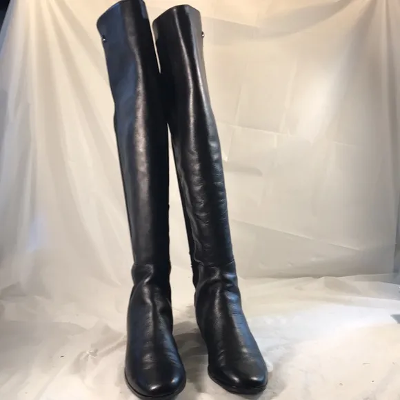 Vince Camuto Karita Black Leather Over The Knee Boots With Stretch Back Panel