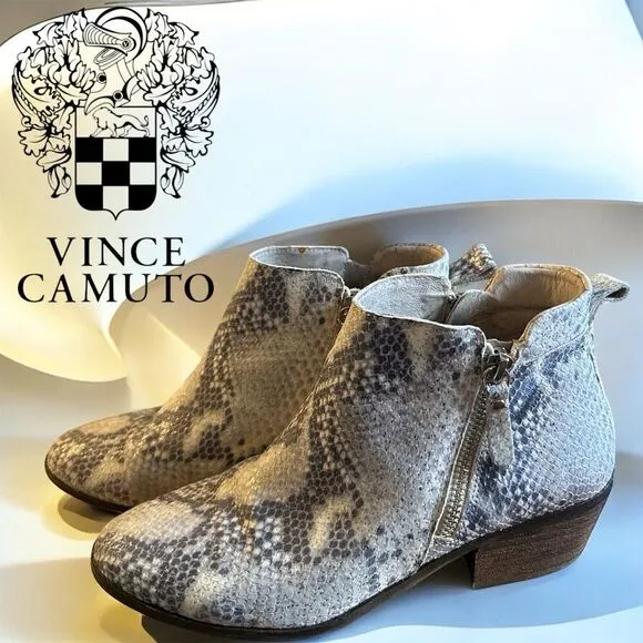 Vince Camuto Tricera Beige Black Neutral Snakeskin Print Zipper Ankle Booties