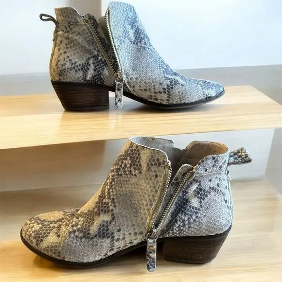 Vince Camuto Tricera Beige Black Neutral Snakeskin Print Zipper Ankle Booties