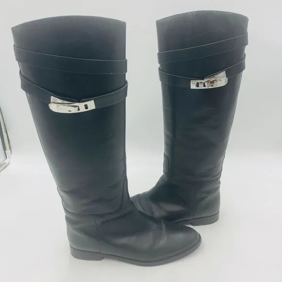 Vince Camuto VI Adwin Black Leather Tall Riding Boots Nero Horse Vittelo 8M/38