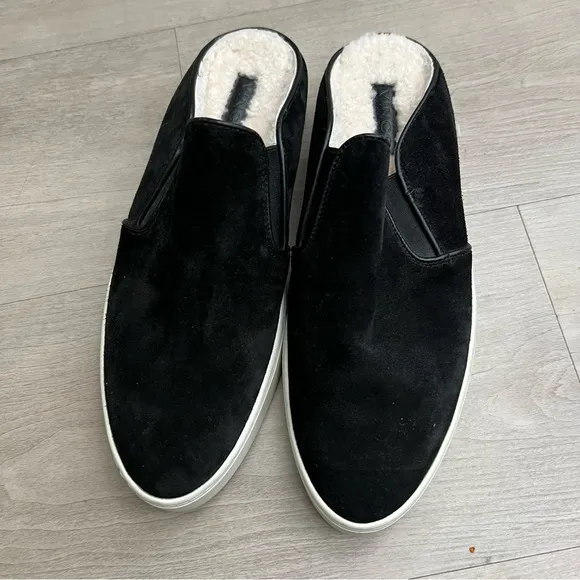 Vince Garvey Suede Shearling Lined Mules Shoes in Black, size 7.5