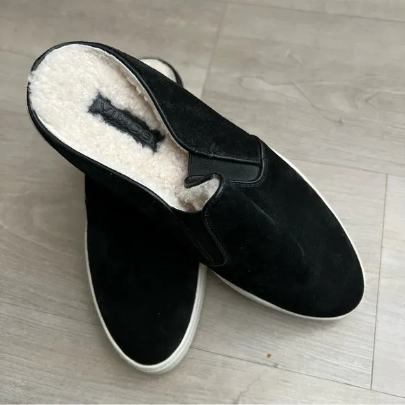 Vince Garvey Suede Shearling Lined Mules Shoes in Black, size 7.5