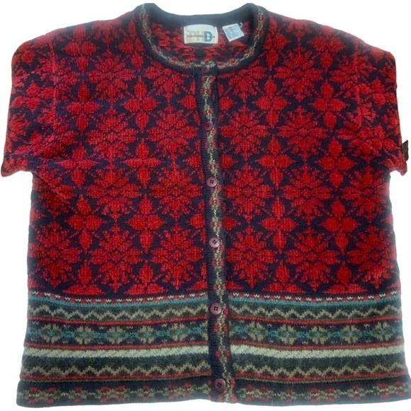 Vintage 80’s Paul Harris Design Red Fair Isle Wool Blend Cardigan Sweater Jacket