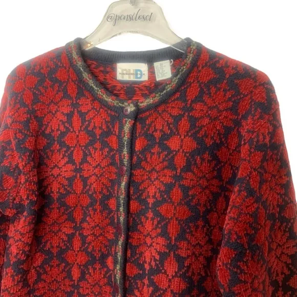 Vintage 80’s Paul Harris Design Red Fair Isle Wool Blend Cardigan Sweater Jacket