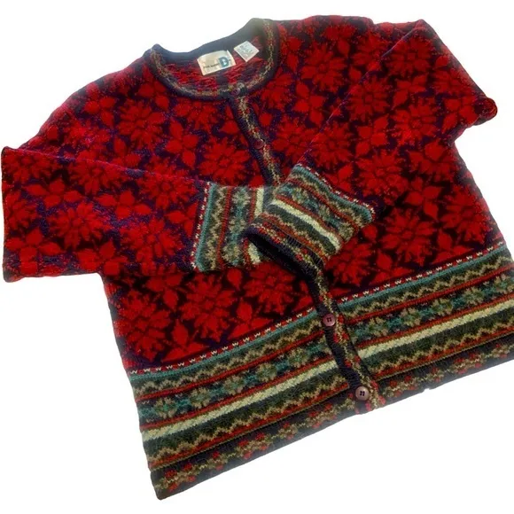 Vintage 80’s Paul Harris Design Red Fair Isle Wool Blend Cardigan Sweater Jacket