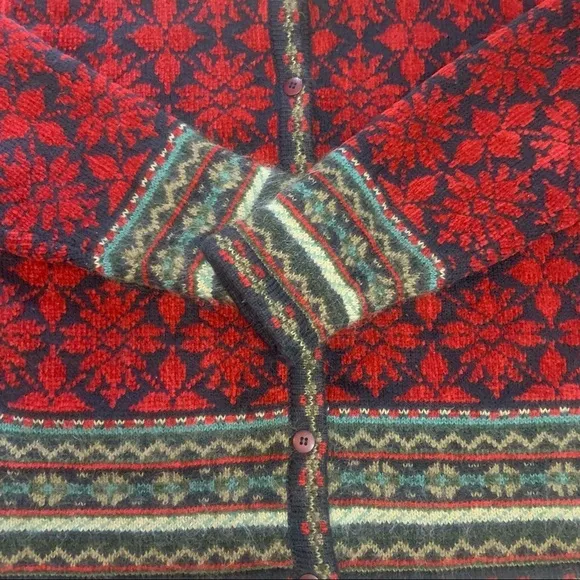 Vintage 80’s Paul Harris Design Red Fair Isle Wool Blend Cardigan Sweater Jacket