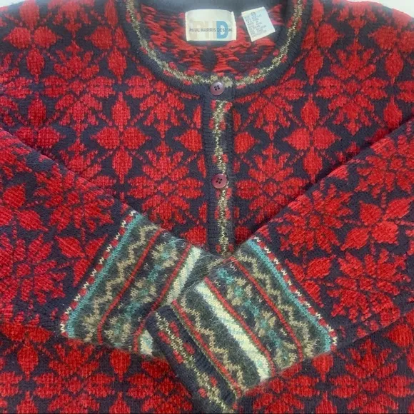 Vintage 80’s Paul Harris Design Red Fair Isle Wool Blend Cardigan Sweater Jacket
