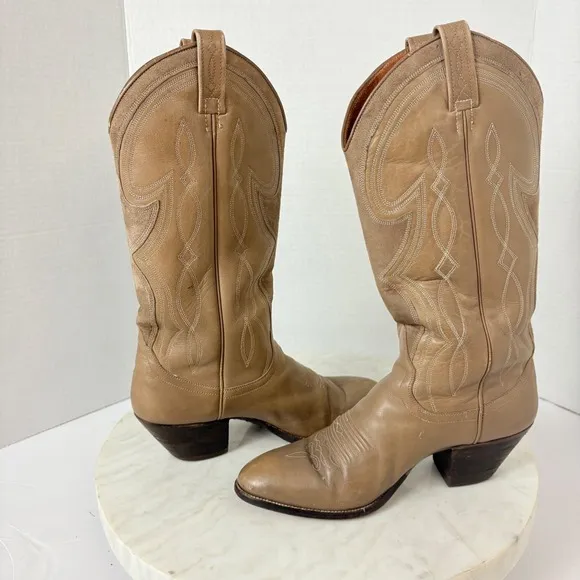 Vintage DAN POST Boots Womens Spanish Leather Cowboy Western Size 7 C Beige