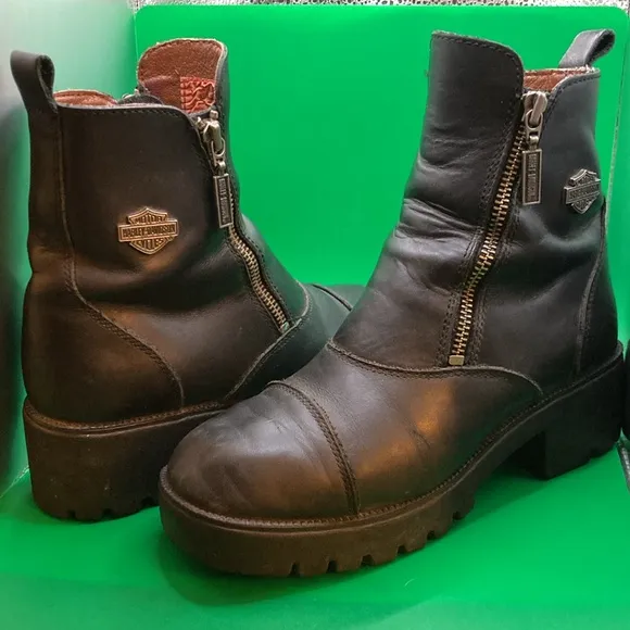 VINTAGE Harley Davidson Double Zip Black Leather Chunky Moto Boots Women Sz 6.5
