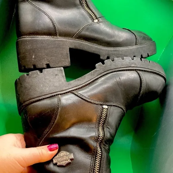 VINTAGE Harley Davidson Double Zip Black Leather Chunky Moto Boots Women Sz 6.5