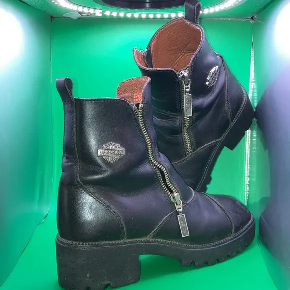 VINTAGE Harley Davidson Double Zip Black Leather Chunky Moto Boots Women Sz 6.5