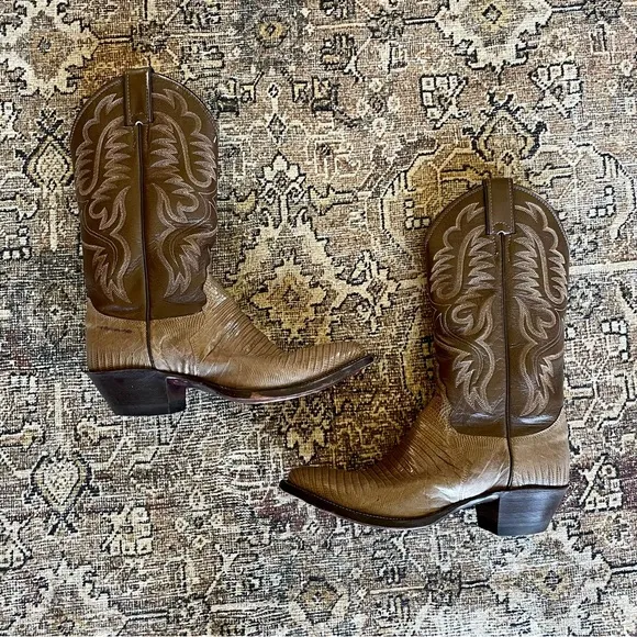 Vintage Leather Embroidered Croc Embossed Cowboy Western Boots Brown/Taupe - 6.5