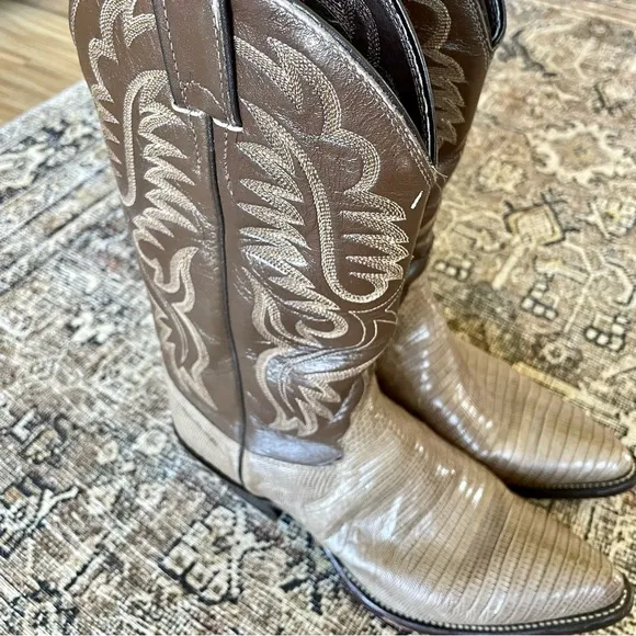 Vintage Leather Embroidered Croc Embossed Cowboy Western Boots Brown/Taupe - 6.5