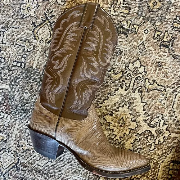 Vintage Leather Embroidered Croc Embossed Cowboy Western Boots Brown/Taupe - 6.5