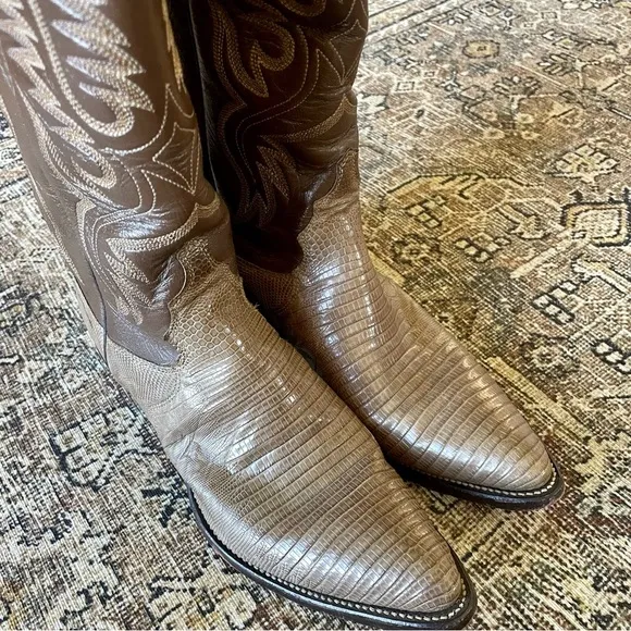 Vintage Leather Embroidered Croc Embossed Cowboy Western Boots Brown/Taupe - 6.5