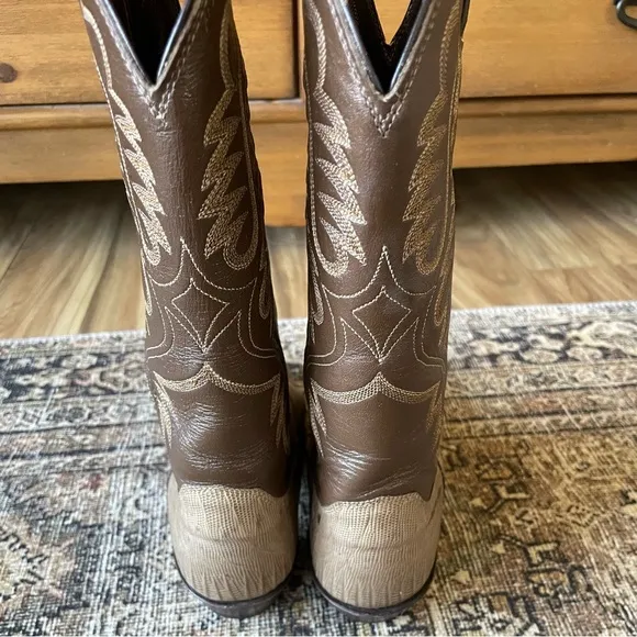 Vintage Leather Embroidered Croc Embossed Cowboy Western Boots Brown/Taupe - 6.5
