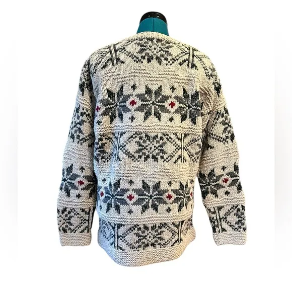 Vintage Limited Handknit Fisherman Tan/Green Fair Isle Wool Silk Sweater L