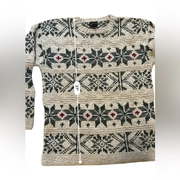Vintage Limited Handknit Fisherman Tan/Green Fair Isle Wool Silk Sweater L