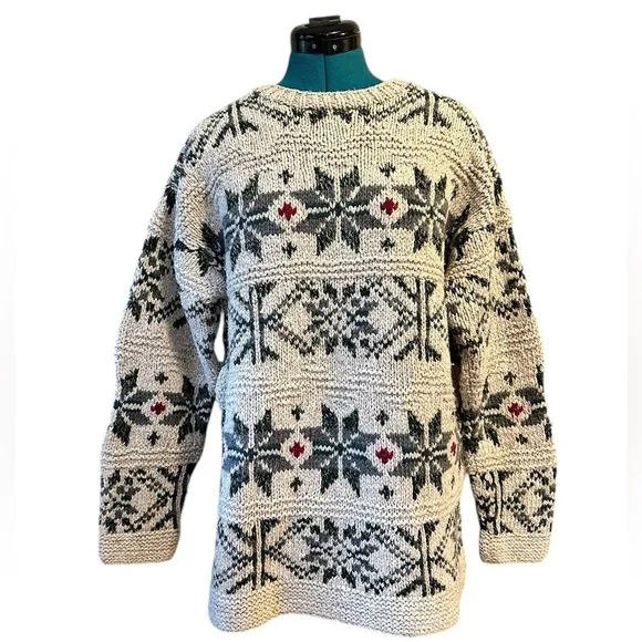Vintage Limited Handknit Fisherman Tan/Green Fair Isle Wool Silk Sweater L