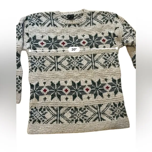 Vintage Limited Handknit Fisherman Tan/Green Fair Isle Wool Silk Sweater L