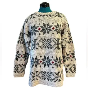 Vintage Limited Handknit Fisherman Tan/Green Fair Isle Wool Silk Sweater L