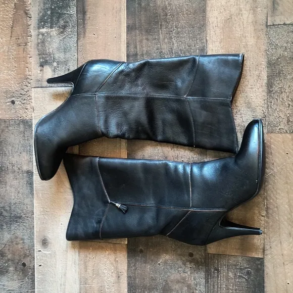 Vintage Made In Brazil Tall Black Leather Heeled Boots Sz 6 Women