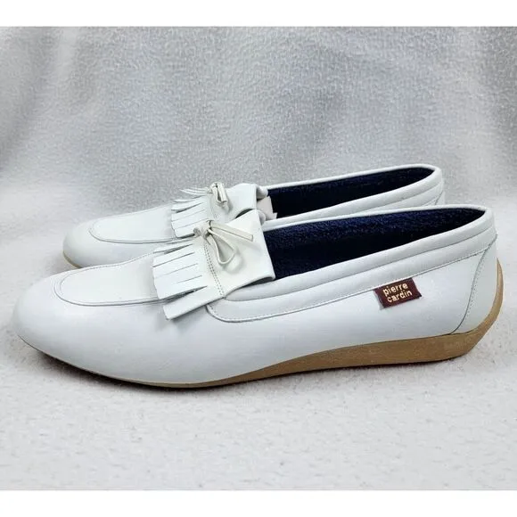 Vintage Pierre Cardin Tassel Loafers Men's Size 11 White Leather Slip-On Shoes