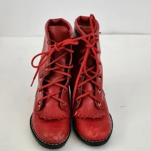 Vintage Texas Girls Red Leather Lace Up Tassel Ankle Cowgirl Boots Western Boots
