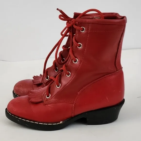 Vintage Texas Girls Red Leather Lace Up Tassel Ankle Cowgirl Boots Western Boots