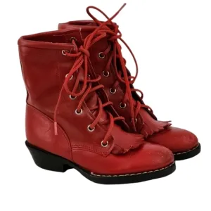 Vintage Texas Girls Red Leather Lace Up Tassel Ankle Cowgirl Boots Western Boots