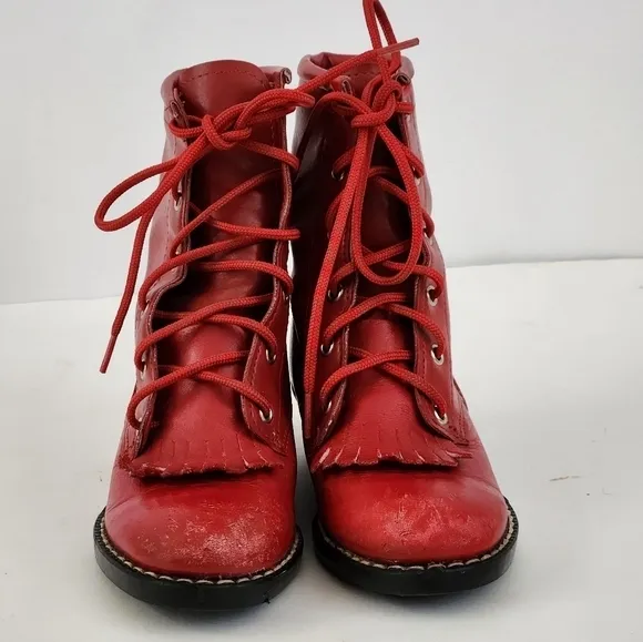 Vintage Texas Girls Red Leather Lace Up Tassel Ankle Cowgirl Boots Western Boots