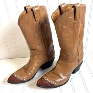 vintage womens tan Tony Lama lizard tip black label cowboy western boots 6 B