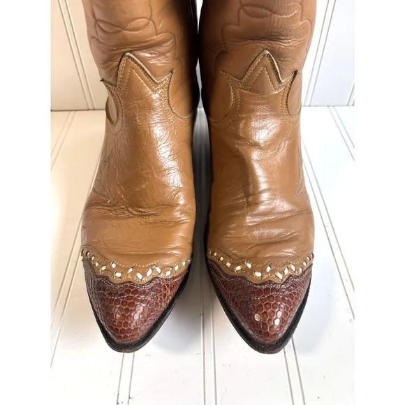 vintage womens tan Tony Lama lizard tip black label cowboy western boots 6 B