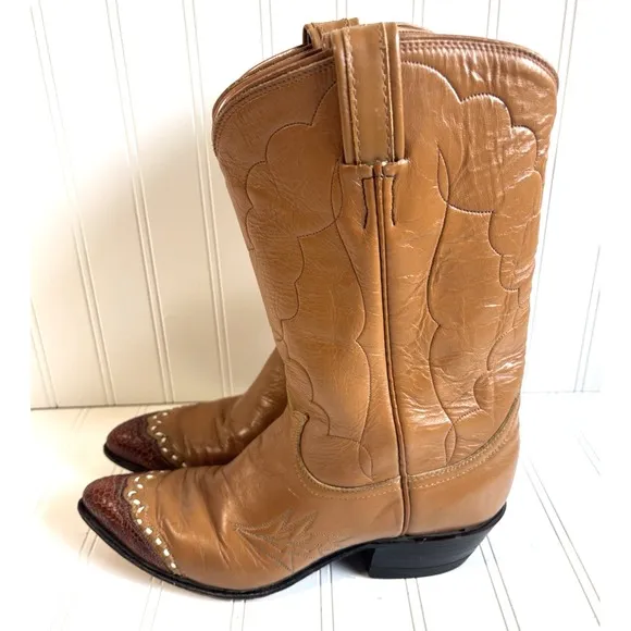 vintage womens tan Tony Lama lizard tip black label cowboy western boots 6 B