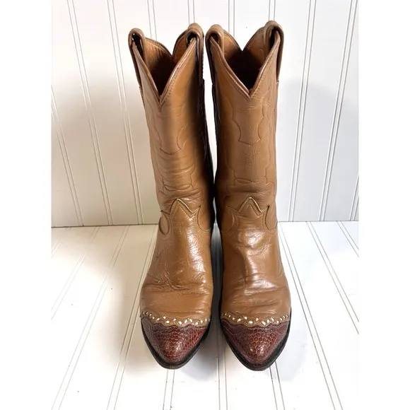vintage womens tan Tony Lama lizard tip black label cowboy western boots 6 B