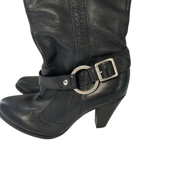 Vintage Y2K Gianni Bini Women’s Midi Leather Boots Black 7.5 Moto Biker Casual
