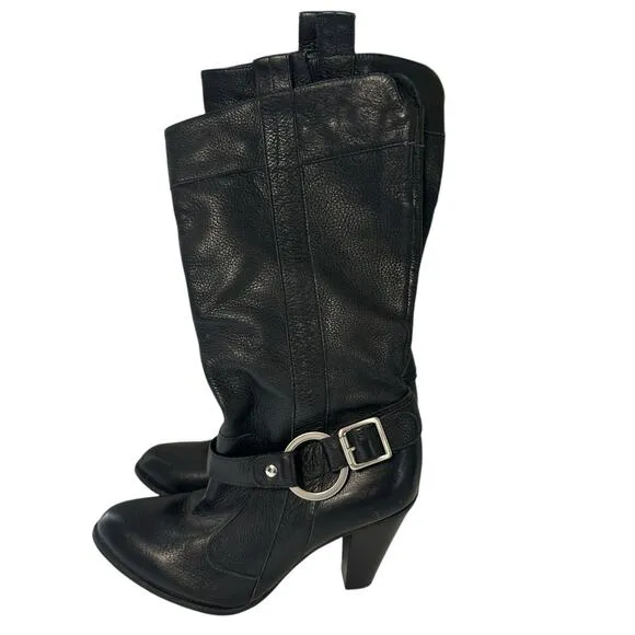 Vintage Y2K Gianni Bini Women’s Midi Leather Boots Black 7.5 Moto Biker Casual