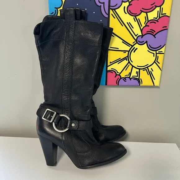 Vintage Y2K Gianni Bini Women’s Midi Leather Boots Black 7.5 Moto Biker Casual