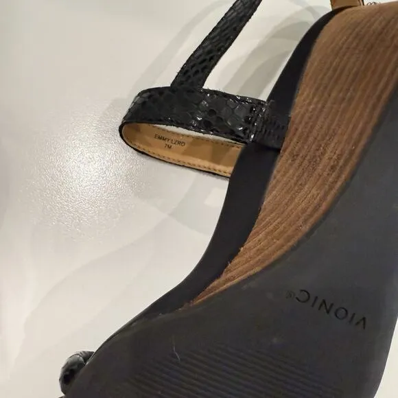 Vionic Womens Emmy Black Lizard Wedge Sandals Size 7 EUC