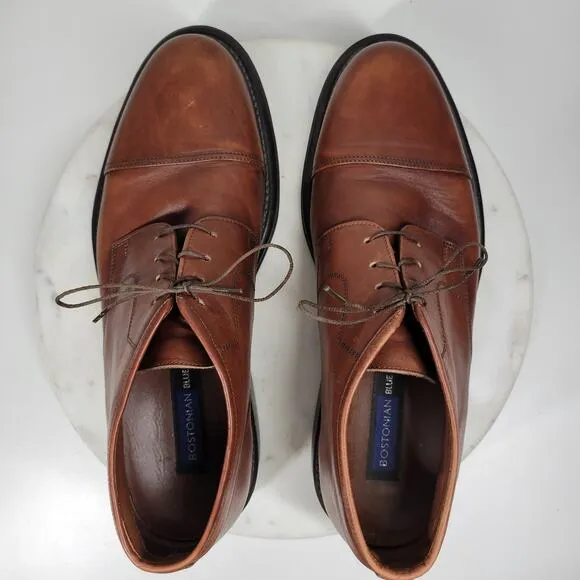 VTG Bostonian Blue Italian Leather Boots Mens 12M Brown Cap Toe Lace Up Shoes