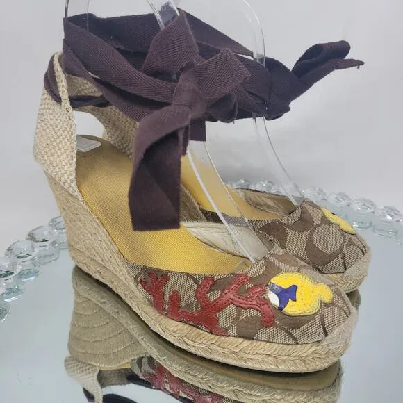 VTG COACH Alina Brown Gold Logo LTD Edit Fish Platform Strappy Wedge Sandals 6 B