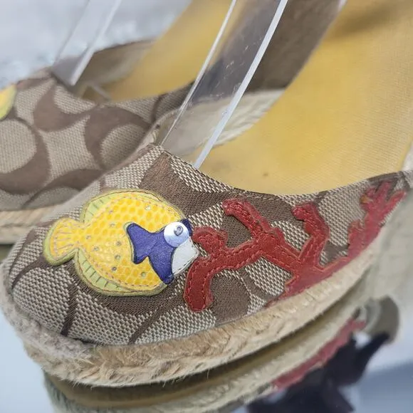 VTG COACH Alina Brown Gold Logo LTD Edit Fish Platform Strappy Wedge Sandals 6 B