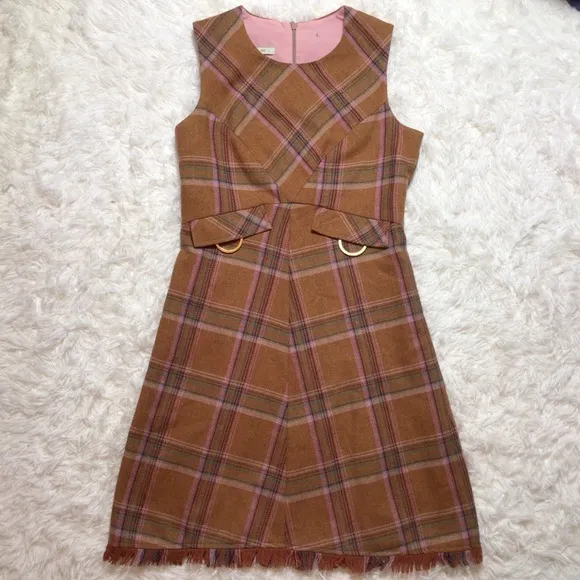 VTG Corey Lynn Calter Wool Fringe Plaid Hardware A-Line Dress Fall 90s 6 Sm